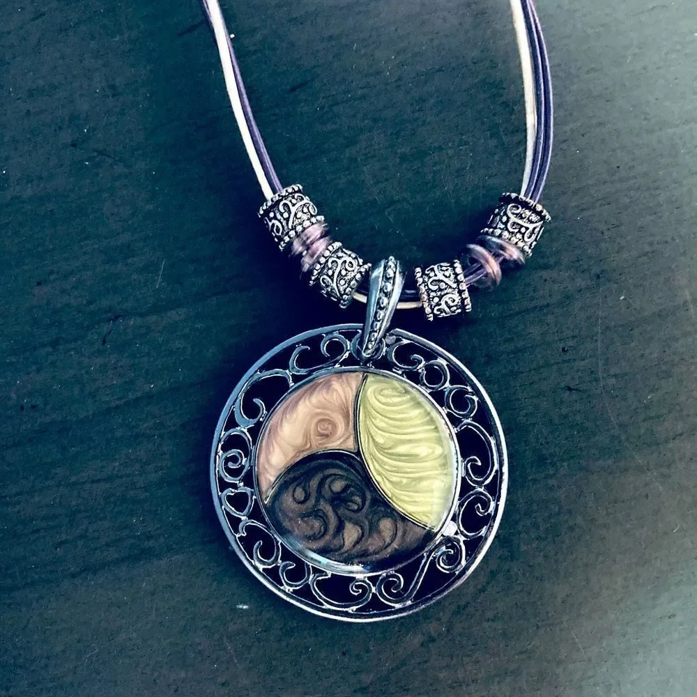 Silver Scroll Swirl Green Brown Pendant Cord Necklace